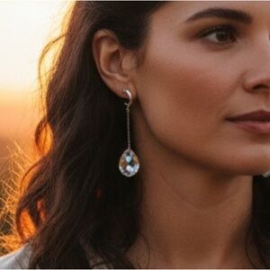 Swarovski Baccarat Aurora Borealis Crystal Teardrop Rhodium Dangle Earrings